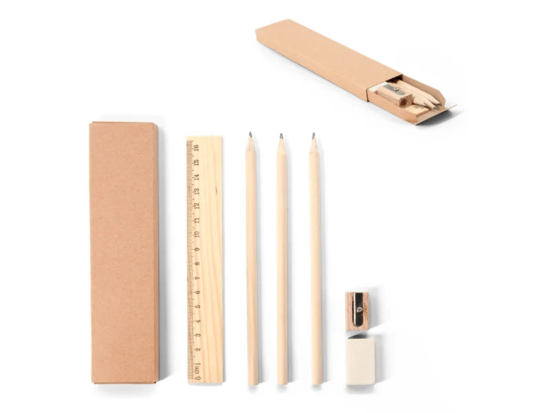 Set de escritura de madera personalizado con logo, en caja kraft